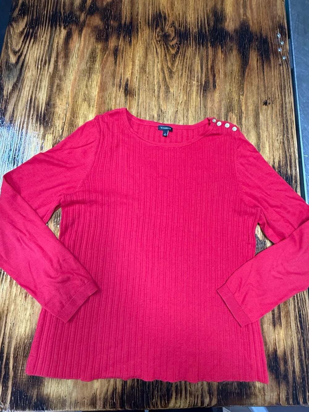 Talbots Ribbed Long Sleeve Sweater Size L Red Button Detail